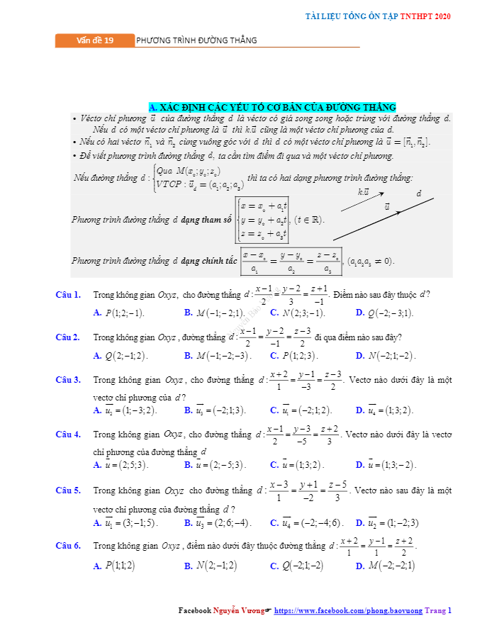 Tổng ôn tập TN THPT 2020 môn Toán Phương trình đường thẳng
